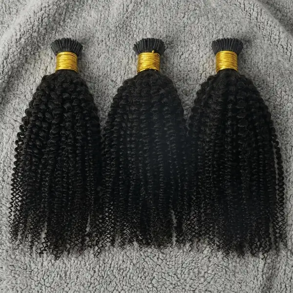 Natural Black Kinky Curly I Tip Hair Extensions — Unprocessed Human Hair, 100 Strands Per Pack