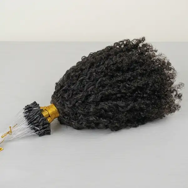 Kinky Curly Micro Loop Ring Hair Extensions — No Heat Install, 100 Strands Virgin Hair