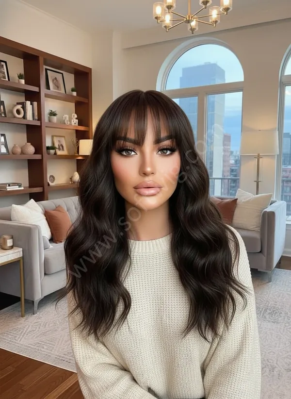 Deep Cool Brown Wave HD Lace Front Wig with Bangs — Glueless, Pre-Plucked, Bleached Knots