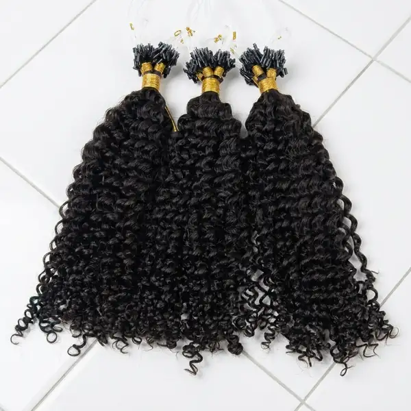 Raw Natural Black Curly Micro Loop Ring Hair Extensions — Heat-Safe, Reusable, 50g Packs
