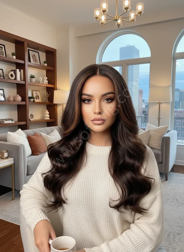 Warm Brown Loose Wave Highlights HD Lace Front Wig — Glueless, Bleached Knots, Brazilian Remy