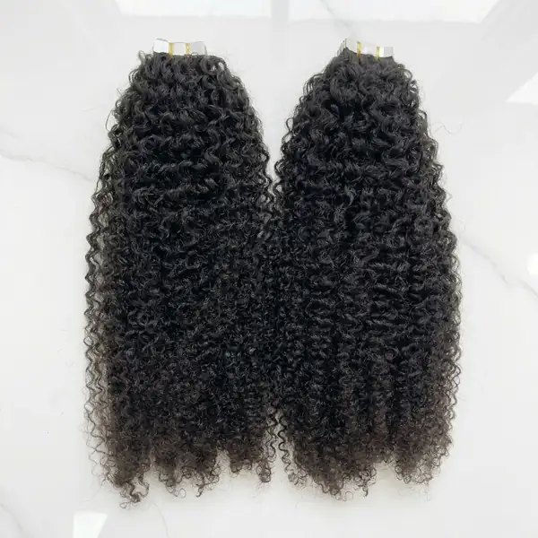 Natural Black Curly Tape-In Hair Extensions — Flat to Scalp, 40 Pieces Per Pack, Reusable