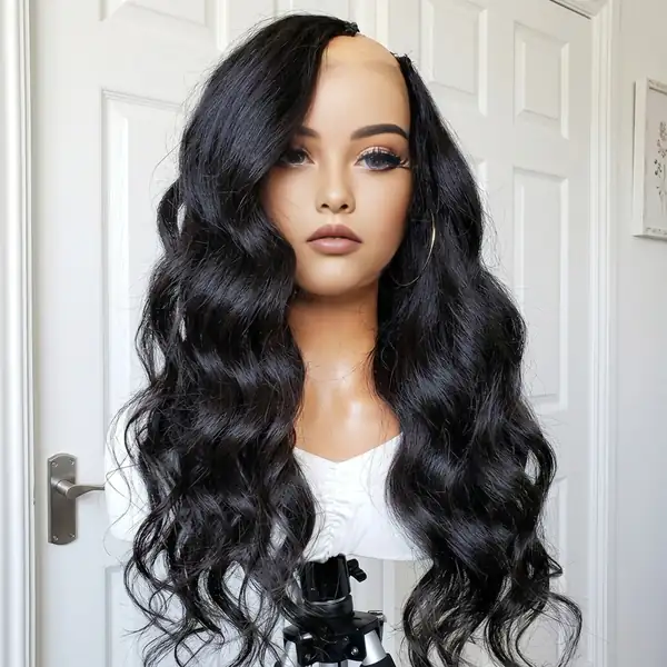 U-Part Human Hair Wig — Natural Black Body Wave with Soft Volume, Glueless Half-Wig
