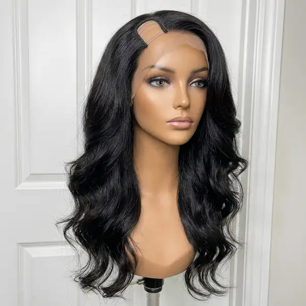 U-Part Human Hair Wig — Natural Black Wave with Silky Flow, Glueless Half-Wig