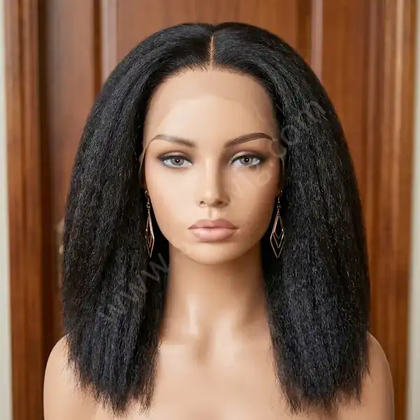 Rich Black Coarse Yaki Straight HD Lace Front Wig — Afro Kinky Texture, Bridal-Ready, Bleached Knots