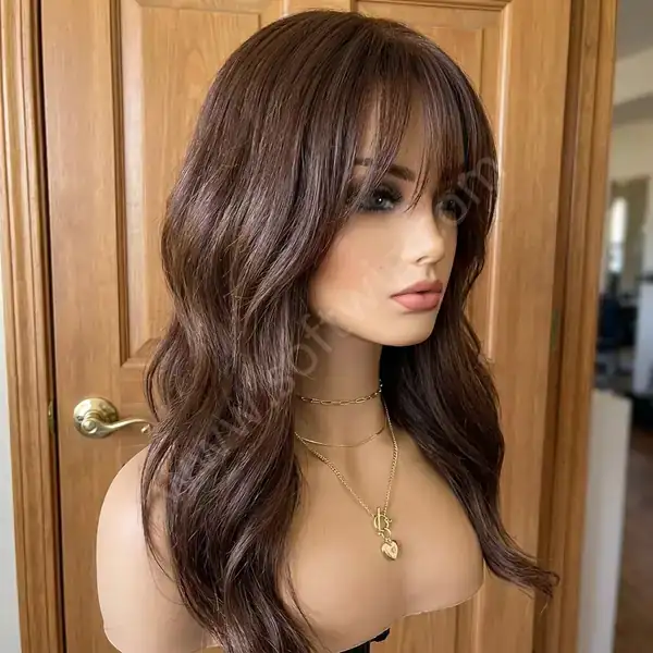 Rich Dark Brown Beach Wave HD Lace Front Wig with Bangs — Heat-Safe, Dyeable, Glam-Night Ready
