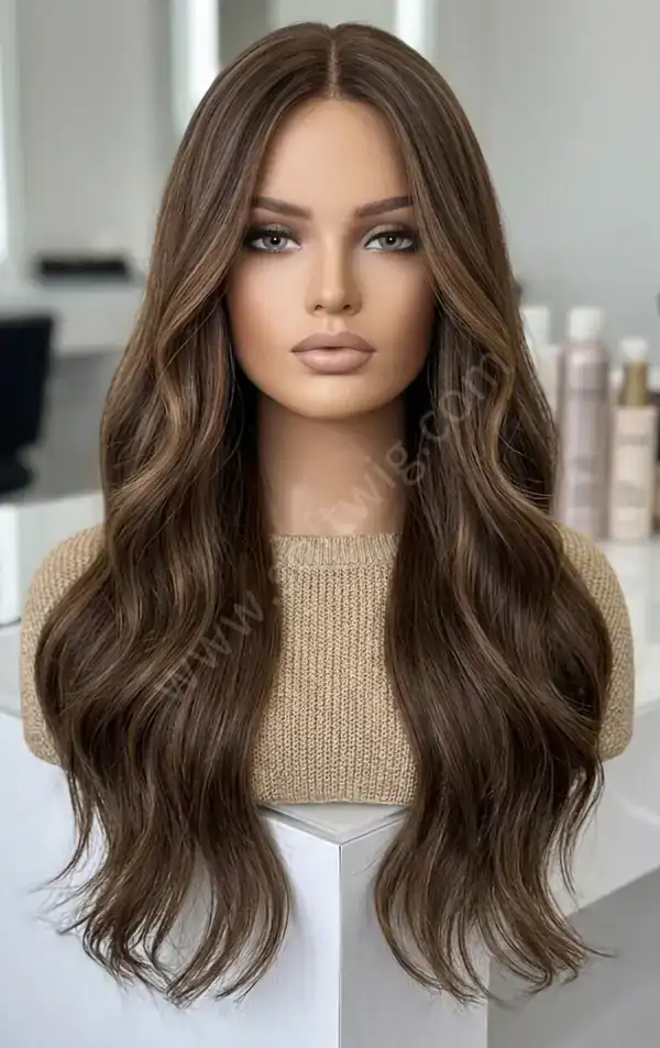 Honey Blonde Highlights on Brown Wave HD Lace Front Wig — Romantic Body, Premium Virgin, Glueless
