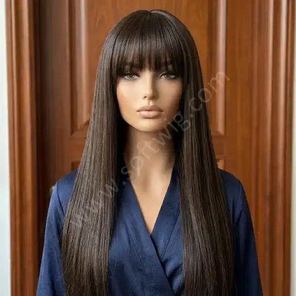 Silky Straight Rich Dark Brown HD Lace Front Wig with Bangs — Glueless, Bleached Knots, Hand-Tied
