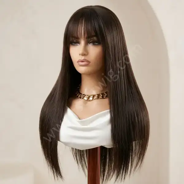 Deep Chocolate Brown Smooth Silk Straight HD Lace Front Wig with Bangs — 180% Full Density, Office-Ready