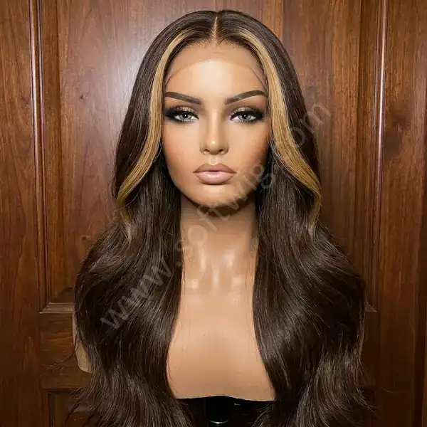 Honey Blonde Highlights on Brown Flowing Wave HD Lace Front Wig — 180% Full Density, Glueless, Pre-Plucked
