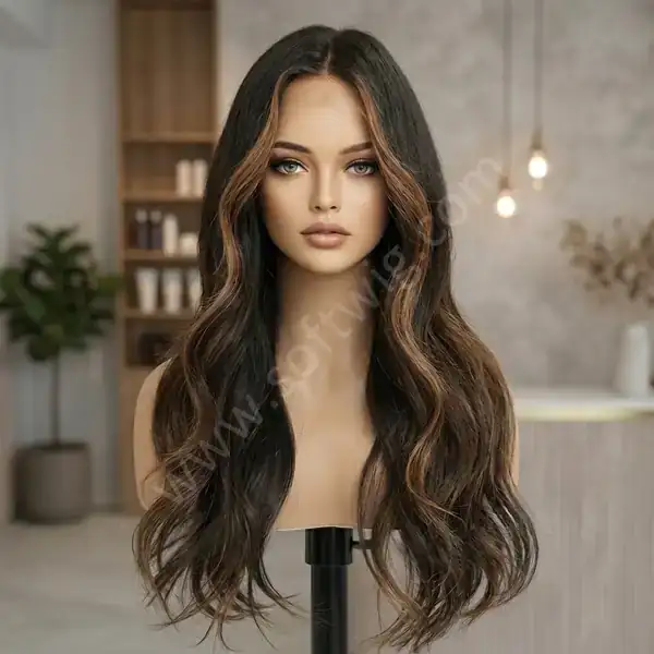 Multi-Tone Highlight Ombre Brown Beach Wave HD Lace Front Wig — Glueless, Bleached Knots, Wedding-Ready