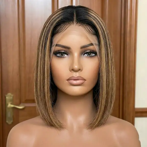 Natural Black Roots Ombre Brown Highlight Straight Bob HD Lace Front Wig — Glueless, Bleached Knots