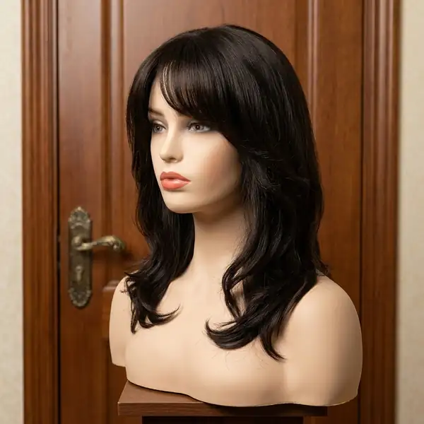 Layered Wavy Dark Brown HD Lace Front Wig with Bangs — 100% Real Human Hair, Glueless, Bleached Knots