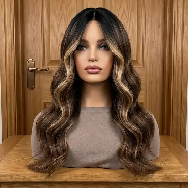 Honey Blonde Highlight Body Wave HD Lace Front Wig — Natural Black Roots, Glueless, Pre-Plucked