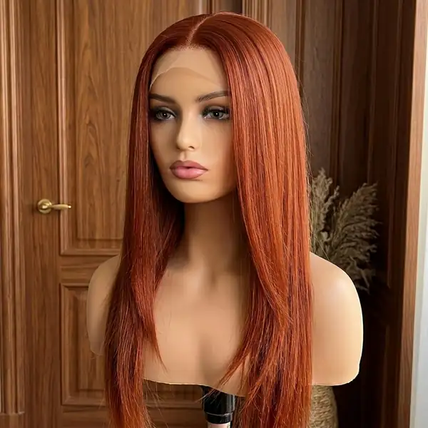 Warm Red-Orange Sunset Straight HD Lace Front Wig — 100% Human Hair Frontal, Glueless, Bleached Knots