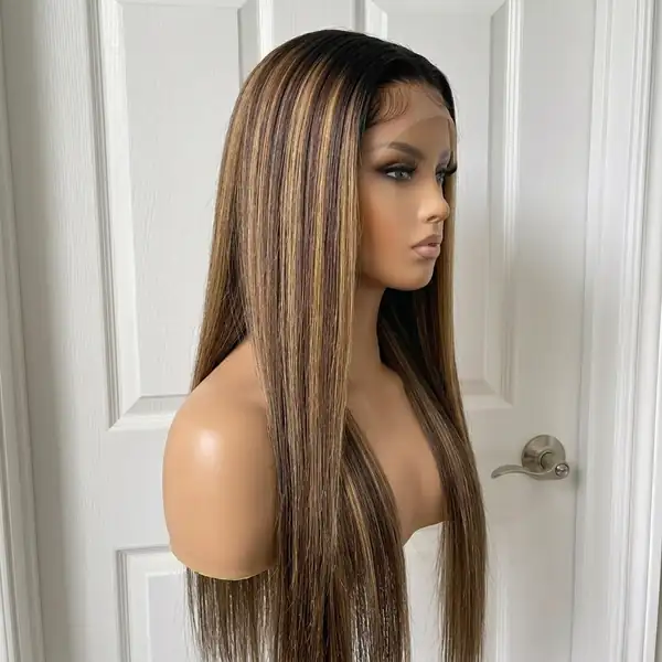 Chocolate Brown with Honey Blonde Highlights Silky Straight HD Lace Front Wig — Black Roots, Glueless