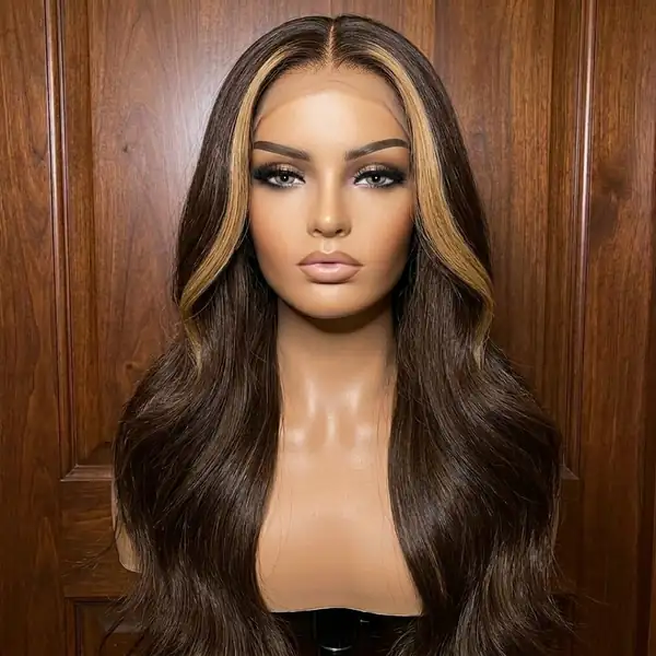 Luxury Dark Brown Money Piece Highlight Body Wave HD Lace Front Wig — 100% Human Hair, Glueless, Bleached Knots