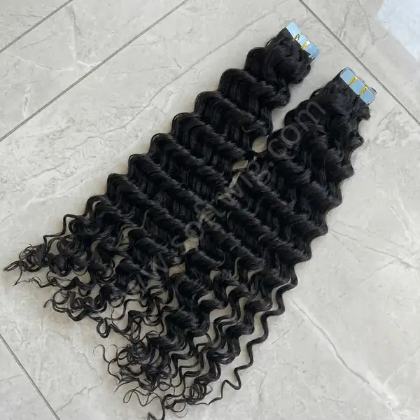 Natural Black Deep Wave Tape-In Hair Extensions — 40 Pieces Per Pack, Brazilian Remy, Seamless Weft