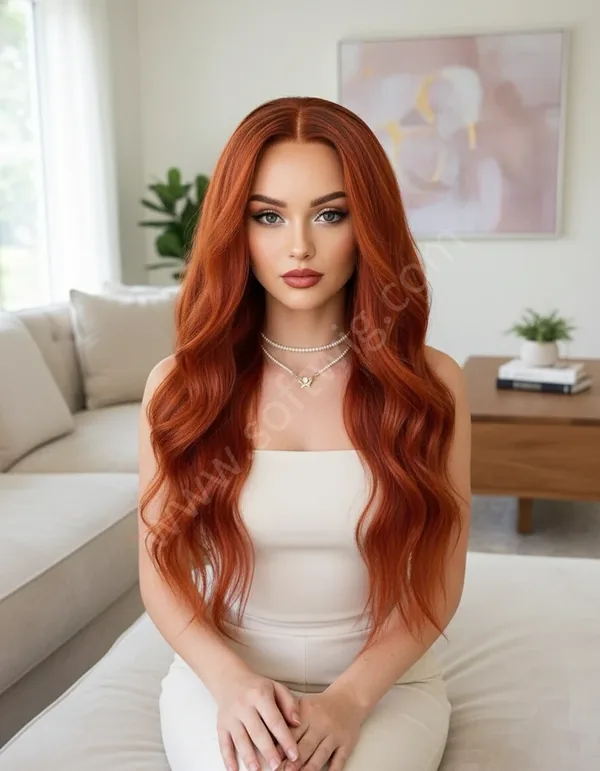 Sunset Burnt Orange Wave HD Lace Front Wig — Glueless, Pre-Plucked, Hand-Tied Brazilian Human Hair