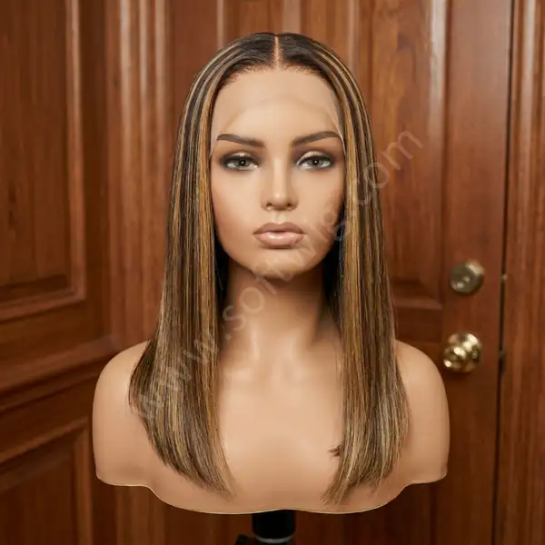 Brown Highlights Straight HD Lace Front Wig — Pre-Plucked Hairline, Glueless, Bleached Knots