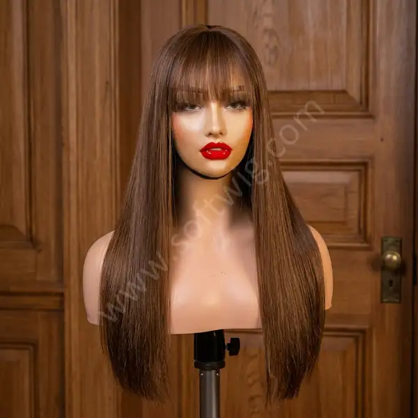 Caramel Brown Straight HD Lace Front Wig with Bangs — Pre-Plucked Natural Hairline, Glueless, Bleached Knots