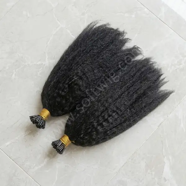 Natural Black Kinky Straight I-Tip Human Hair Extensions — Brazilian Remy, 100 Strands Per Pack