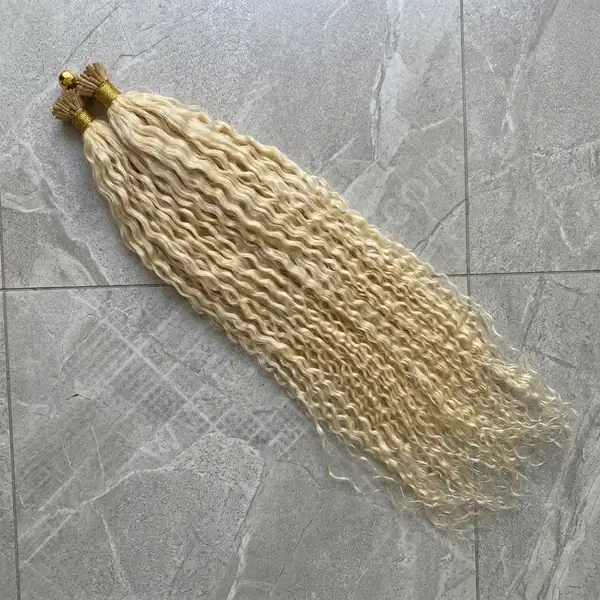 Pale Blonde Deep Wave I-Tip Human Hair Extensions — 100 Strands Per Pack, Brazilian Remy, Seamless