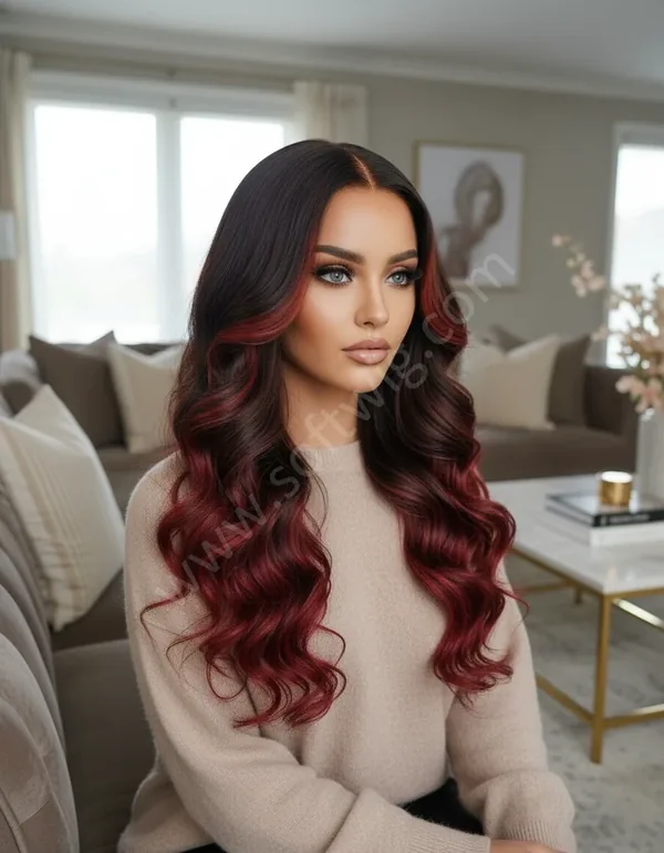 Black-Red Ombre Wave HD Lace Front Wig — Glueless, Bleached Knots, Hand-Tied Brazilian Human Hair