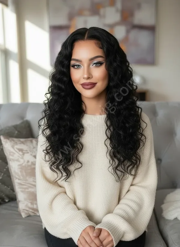 Jet Black Deep Wave HD Lace Front Wig — Middle Part, Bleached Knots, Pre-Plucked Brazilian Human Hair