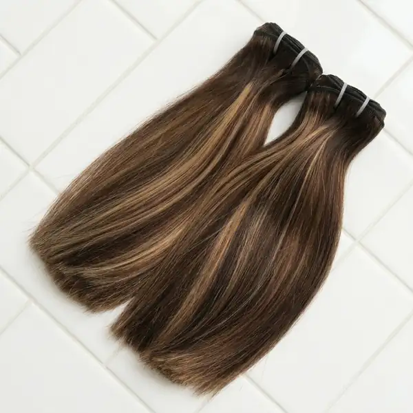 Highlight Blonde Brown Straight Human Hair Weft Extensions — Sew-In Bundles, Double-Drawn Remy, 100g