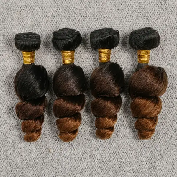 Ombre Brown Loose Wave Human Hair Weft Extensions — Machine Weft Track, Brazilian Virgin Remy, 100g